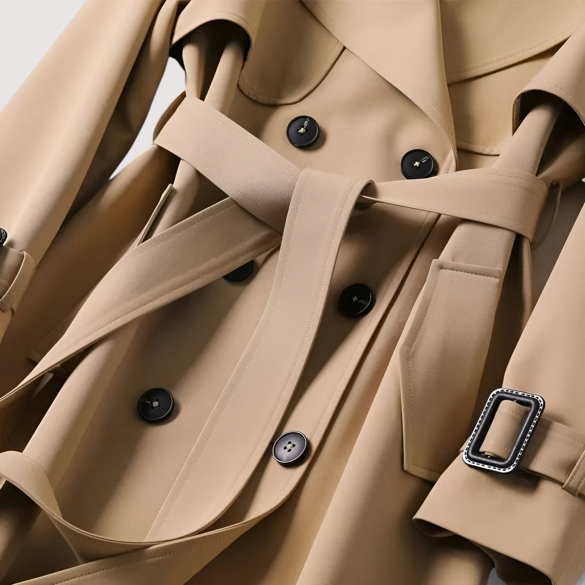Edwina belted double-breasted trench coat in beige, close-up of buttons, belt and cuff strap