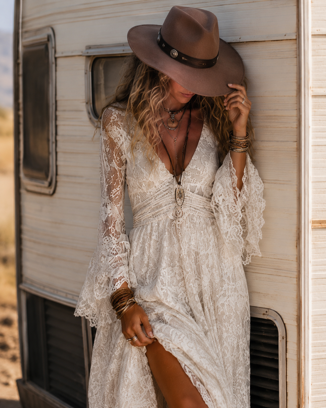 Serena | Ivory Lace Maxi Dress with Bell Sleeves
