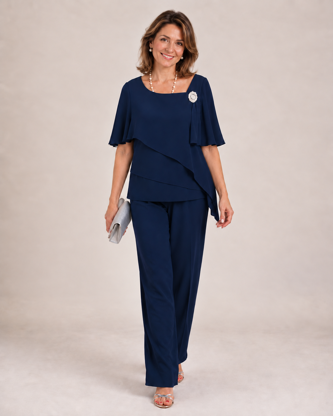 Becky layered top and trouser set in navy blue, full-length front view