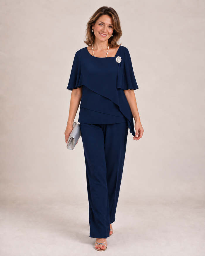 Becky layered top and trouser set in navy blue, full-length front view