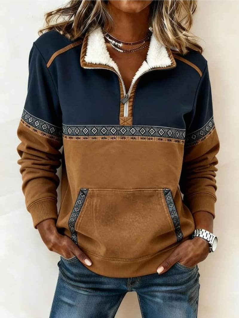 Petronella colour-block half-zip jumper in navy and tan, front view