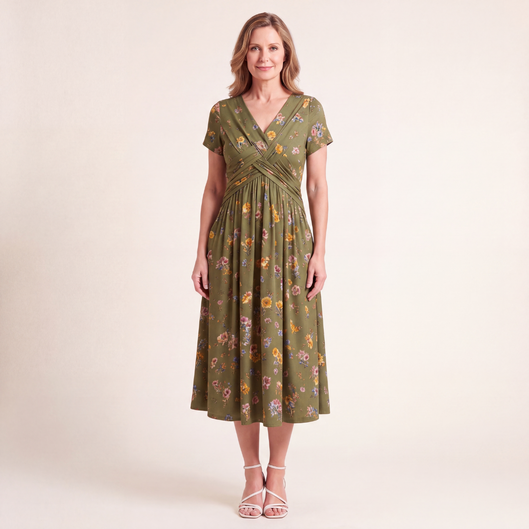 Theresa floral twist-waist dress in olive, full-length front view