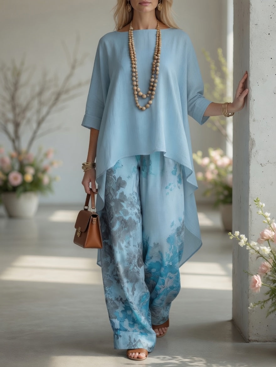 Marjory high-low tunic and printed trouser set in blue, full-length pose