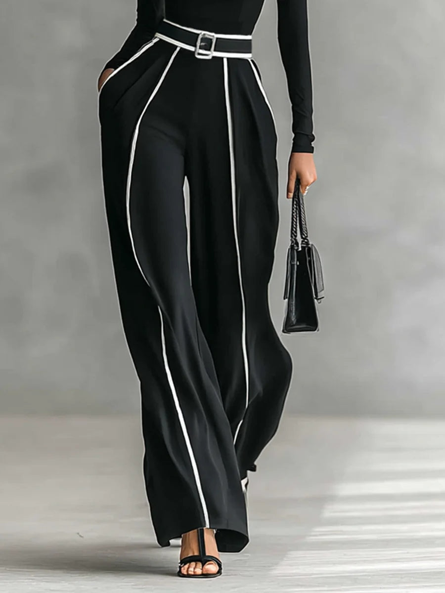 Adèle | High-Neck Set with White Trim and Wide-Leg Trousers