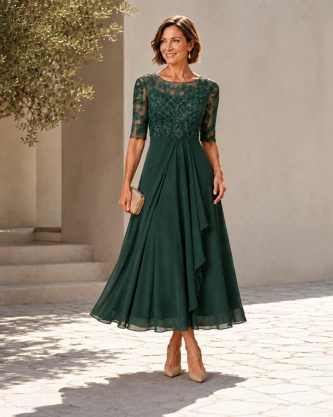 Rose lace and chiffon midi dress, view 4