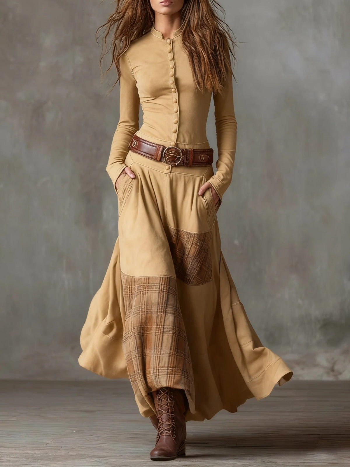 Brigid suede-look maxi dress in camel, front view