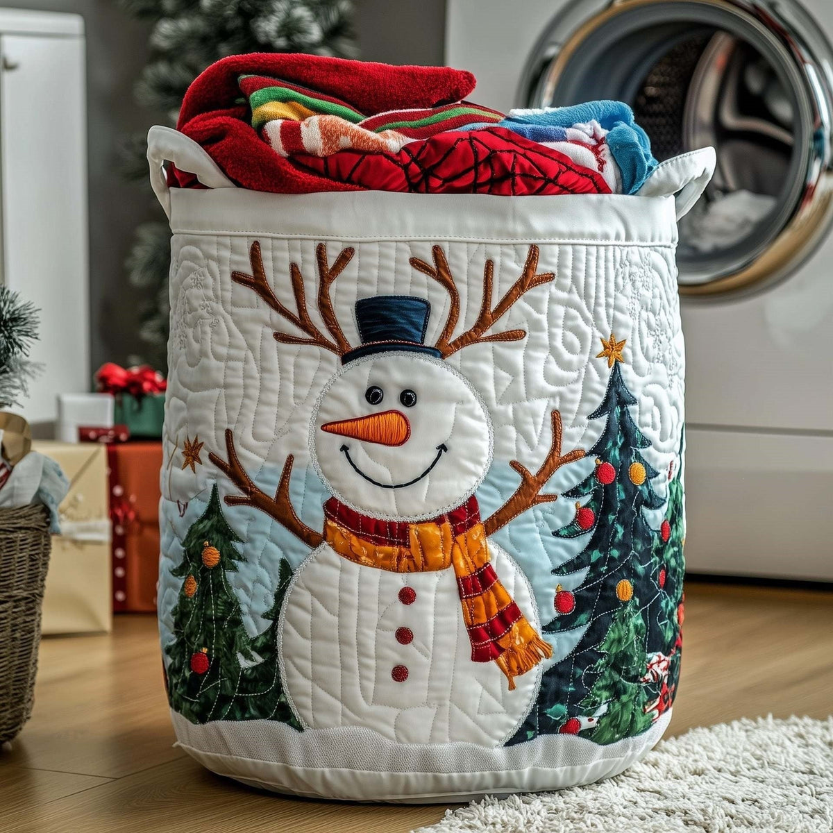 Emma hand-quilted laundry basket with a smiling snowman with antlers and Christmas trees, front view