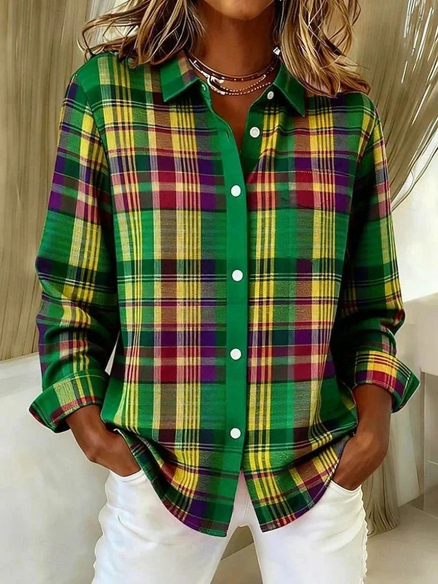 Dulcie vintage plaid blouse in green multi-colour check, front view