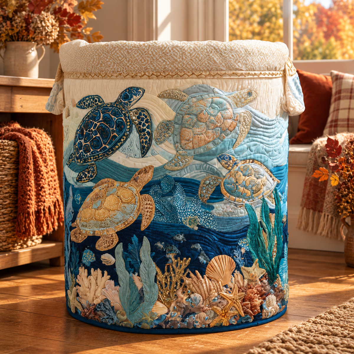 Marina | Hand-Quilted Laundry Basket in an autumn interior