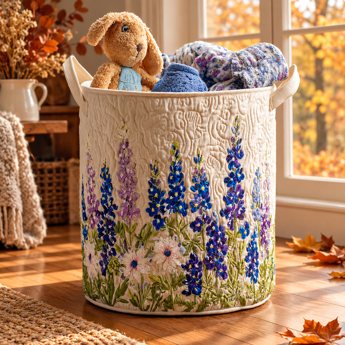 Margherita | Hand-Quilted Laundry Basket in an autumn interior