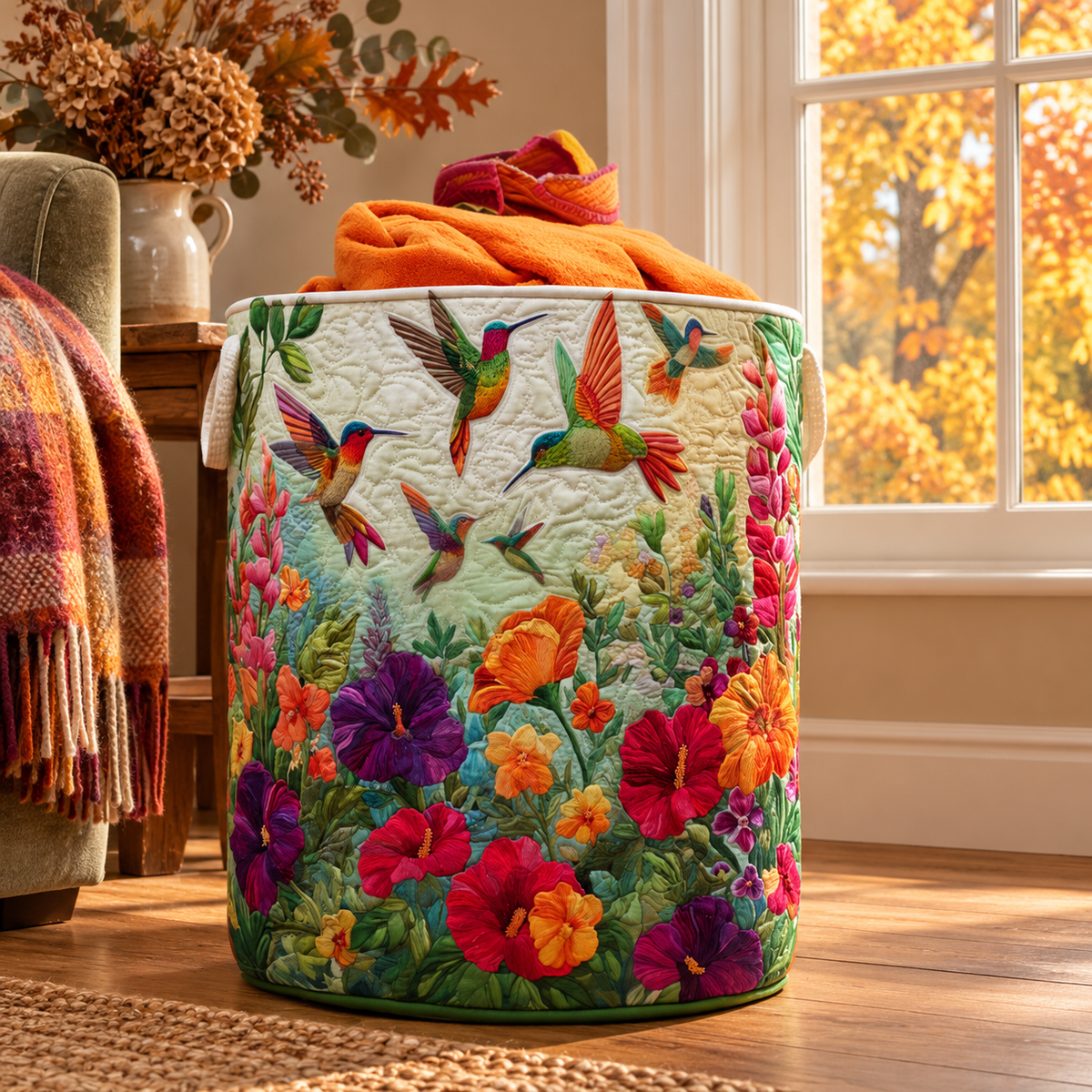 Flora | Hand-Quilted Laundry Basket in an autumn interior