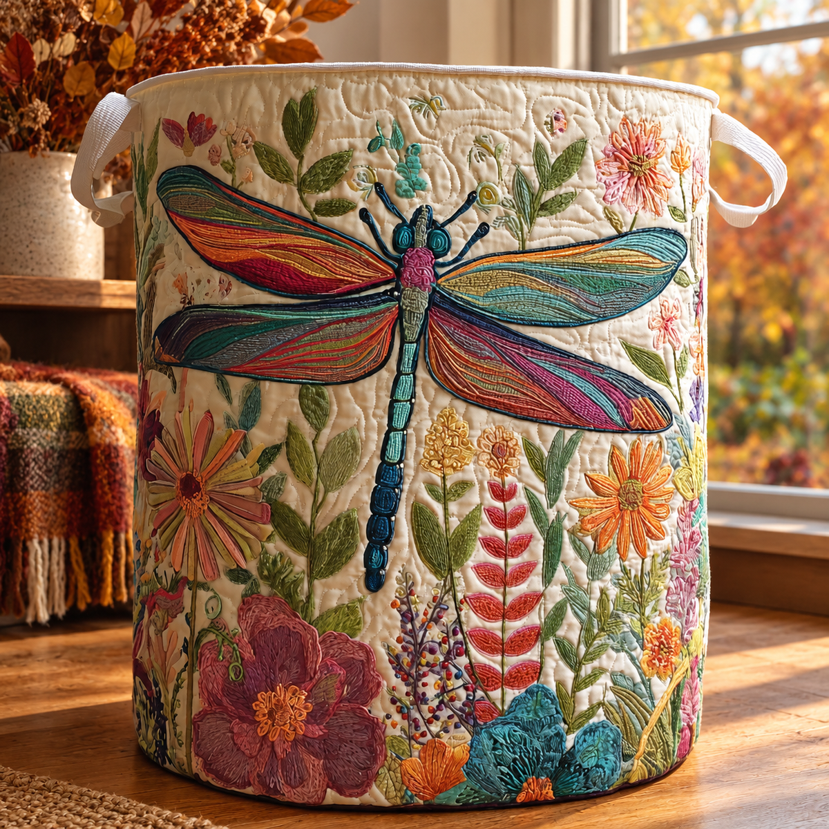 Iris | Hand-Quilted Laundry Basket in an autumn interior