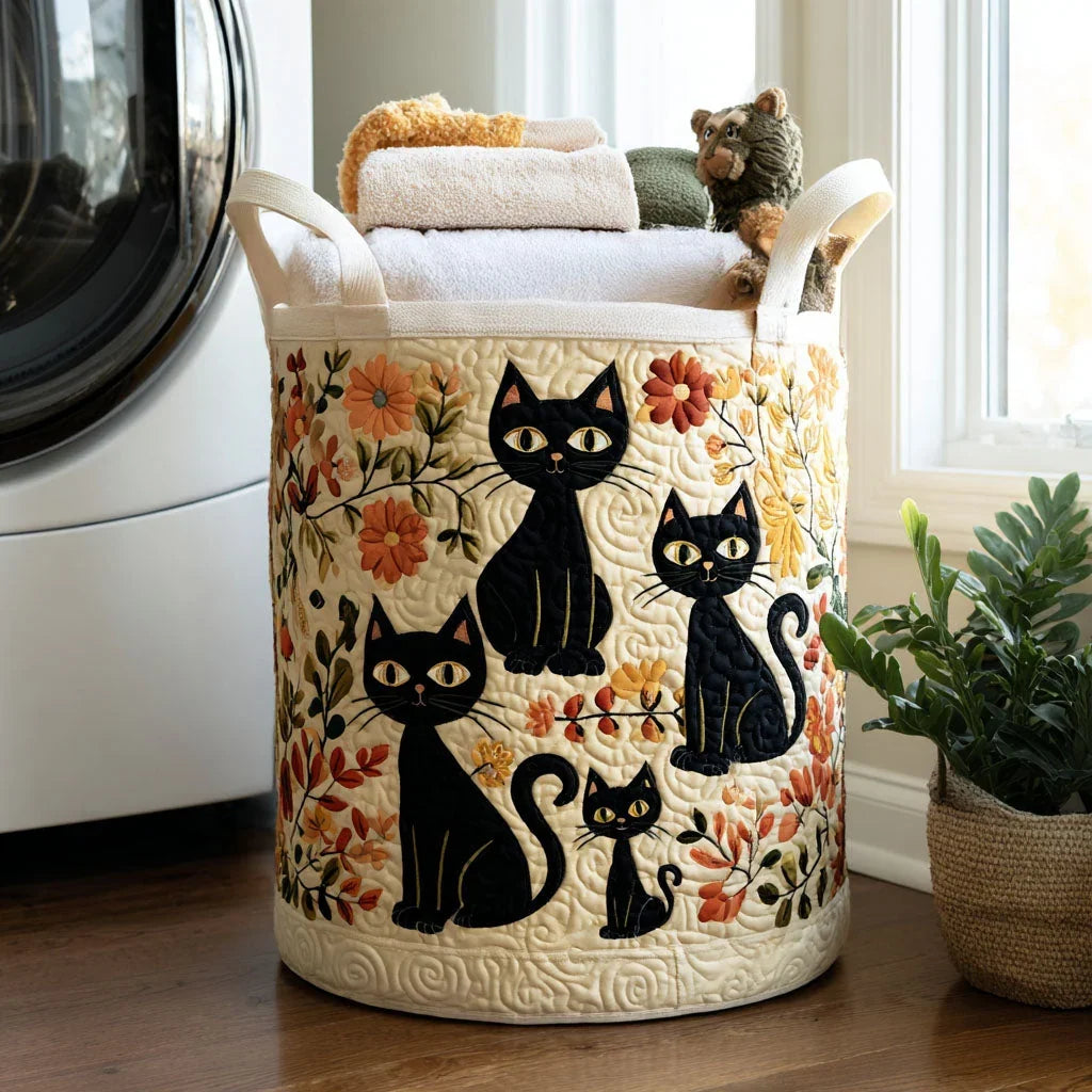 Daniela hand-quilted laundry basket with black cats among autumn blossoms, front view