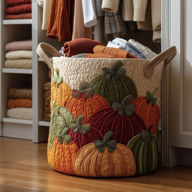 Ester hand-quilted laundry basket with orange and green autumn pumpkins, front view