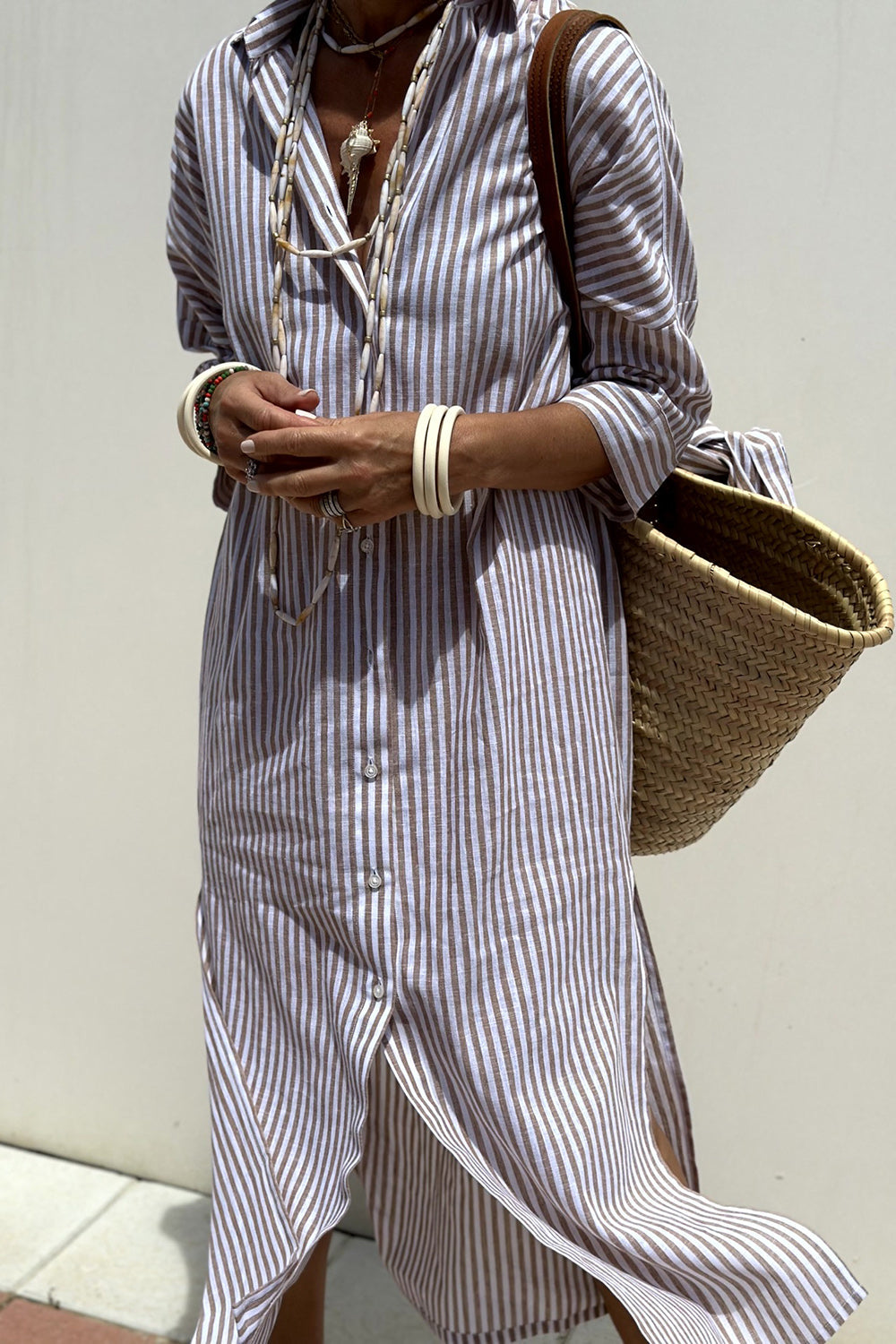 Sally striped midi shirt dress in sand stripes, front view with button front