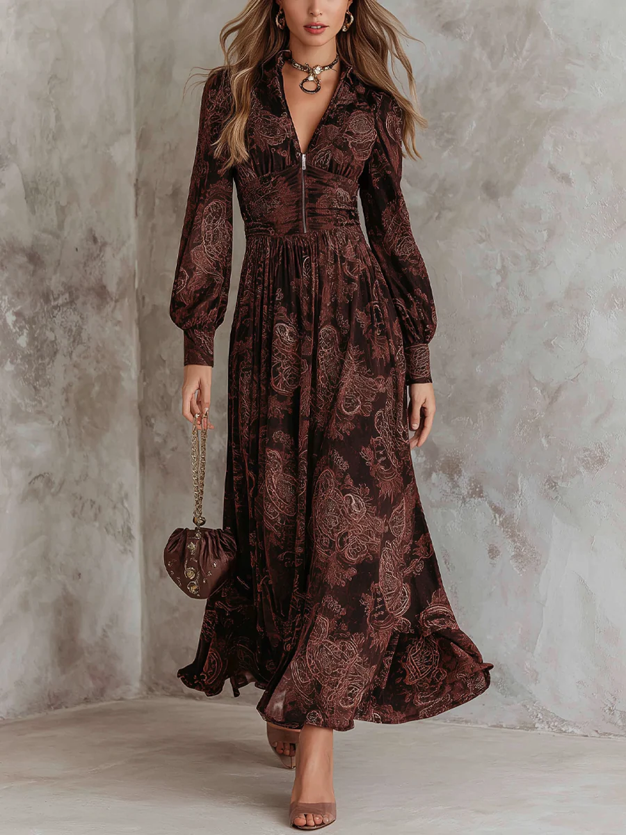 Elsa paisley zip-front maxi dress front view