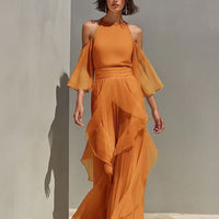 Solene - Cold Shoulder Chiffon Blouse And Wide Leg Pant Set