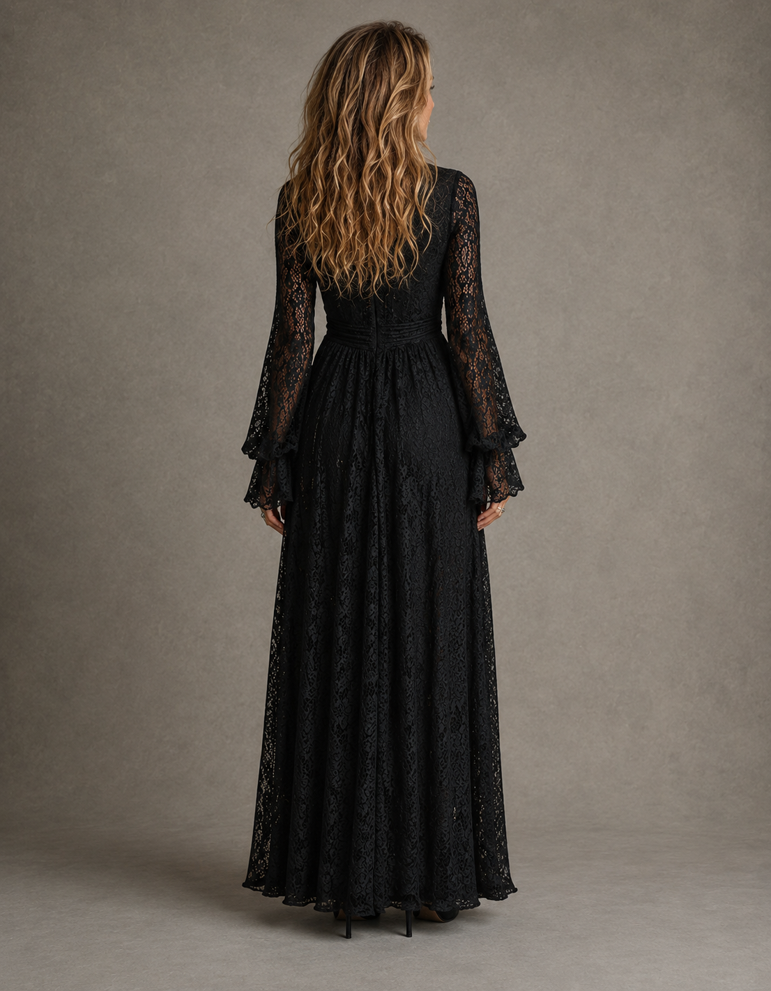 Heulwen lace maxi dress in black, back view