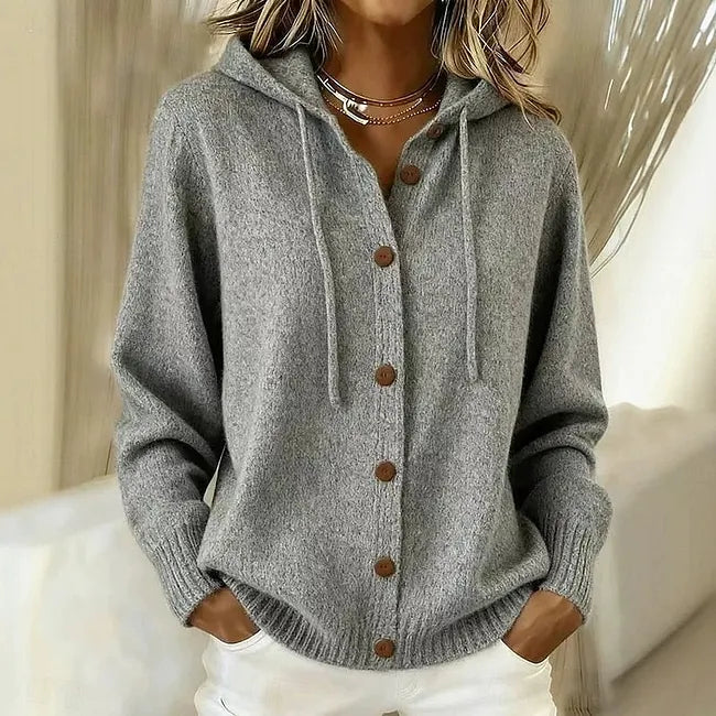 Goldie hooded knit cardigan in grey, front view