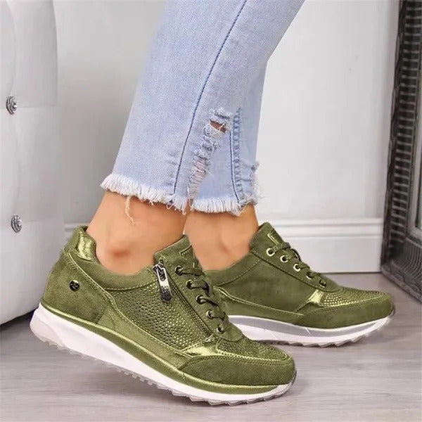 Sukie zip detail comfort trainers in beige worn with cream trousers