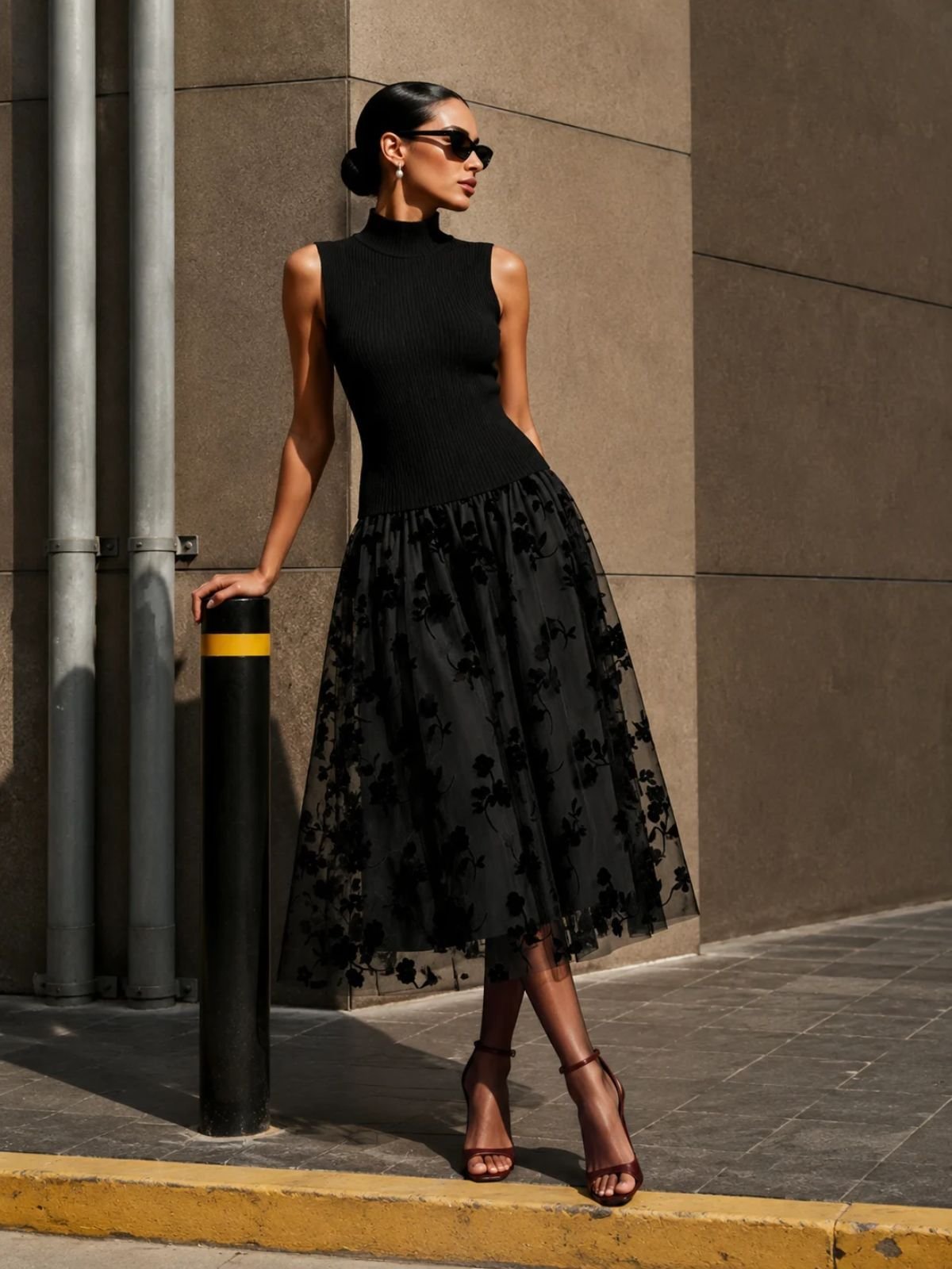 Annwen high-neck flocked tulle midi dress in Black, styled outdoors