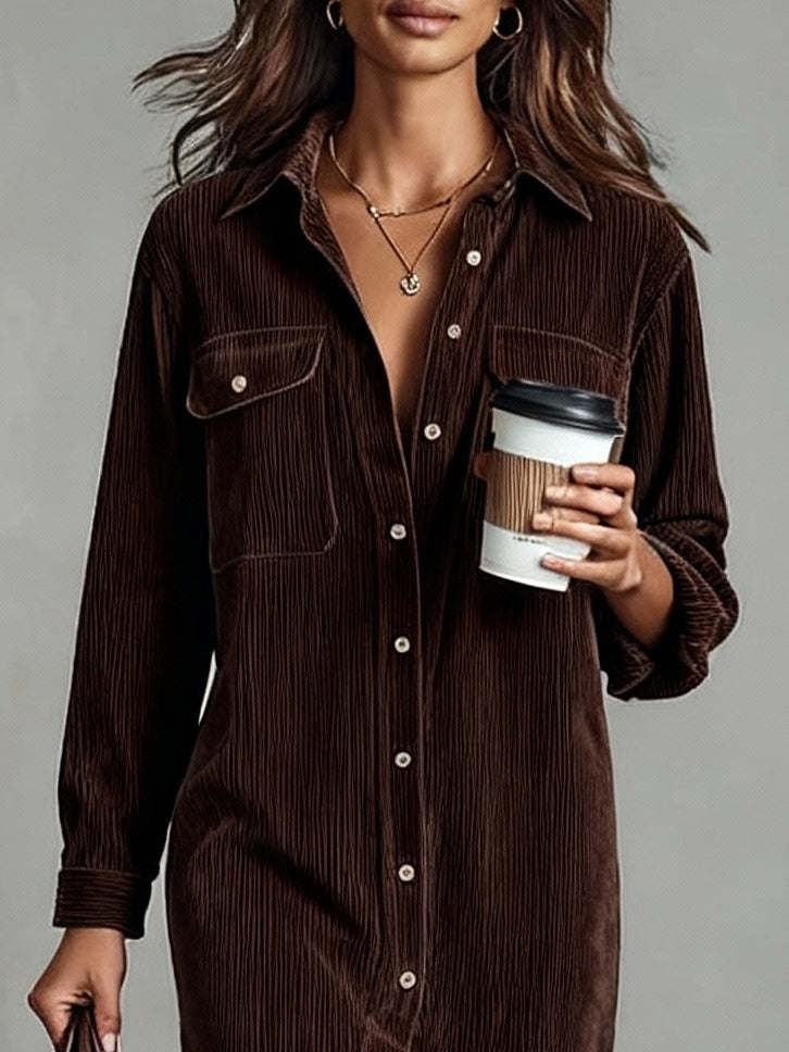 Béatrice | Corduroy Midi Dress with Pockets and Single-Button Fastening