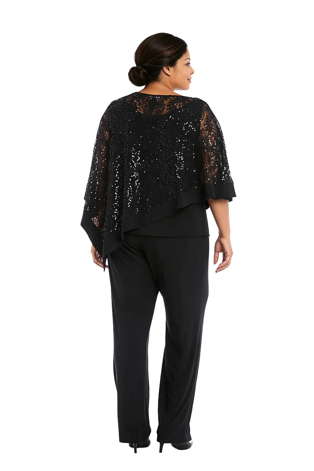Geraldine sequin lace cape trouser set in black, back view