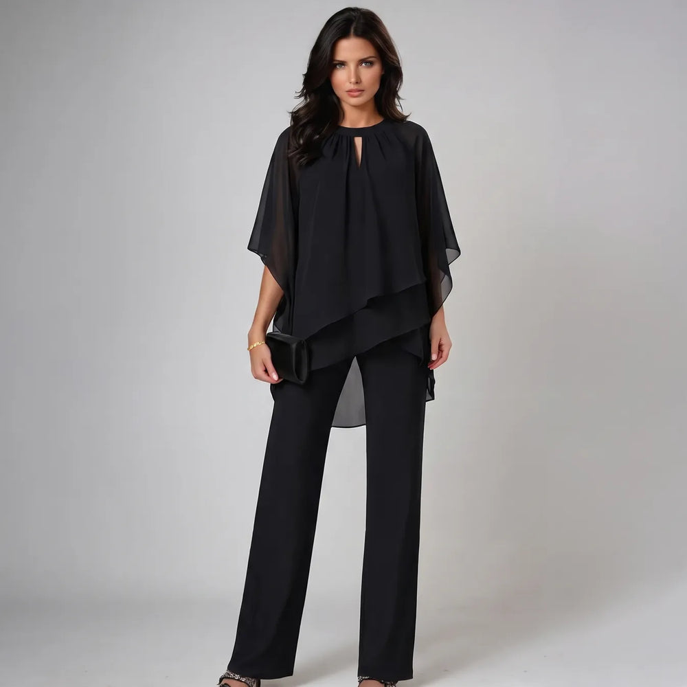 Mercy layered chiffon top and trouser set in black, full-length front view