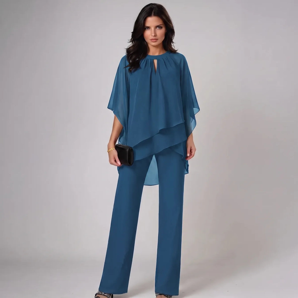 Mercy layered chiffon top and trouser set in blue, full-length front view