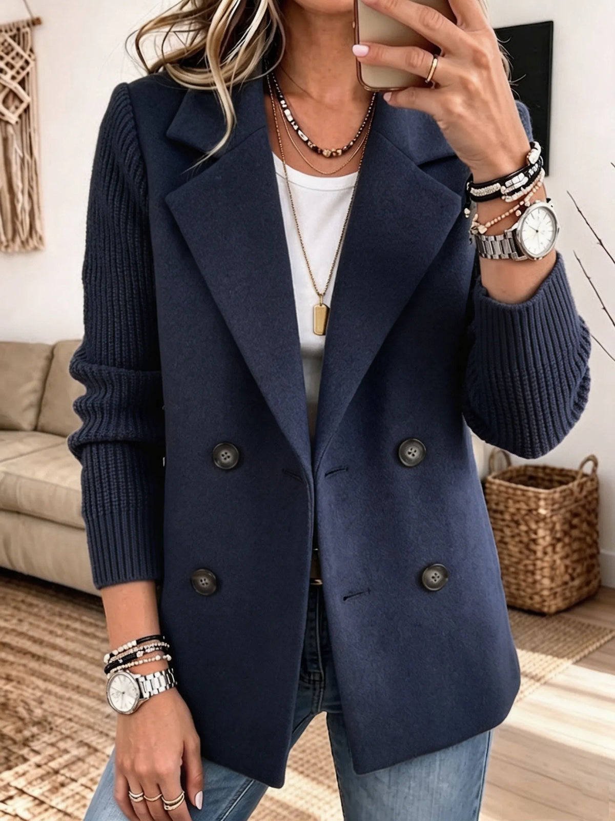 Clementina double-breasted blazer in blue, front view