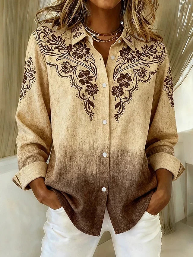 Tucson Western floral blouse in brown tonal print, front view