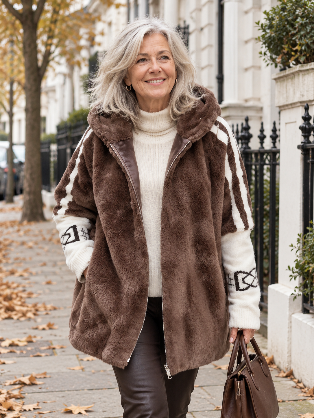 Branwen brown and white jacket in autumn London street