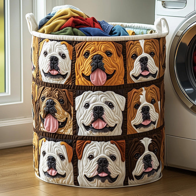 Carolina hand-quilted laundry basket with rows of bulldog portraits, front view
