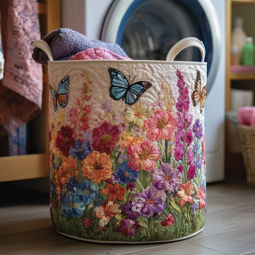 Chiara hand-quilted laundry basket with butterflies over a wildflower meadow, front view