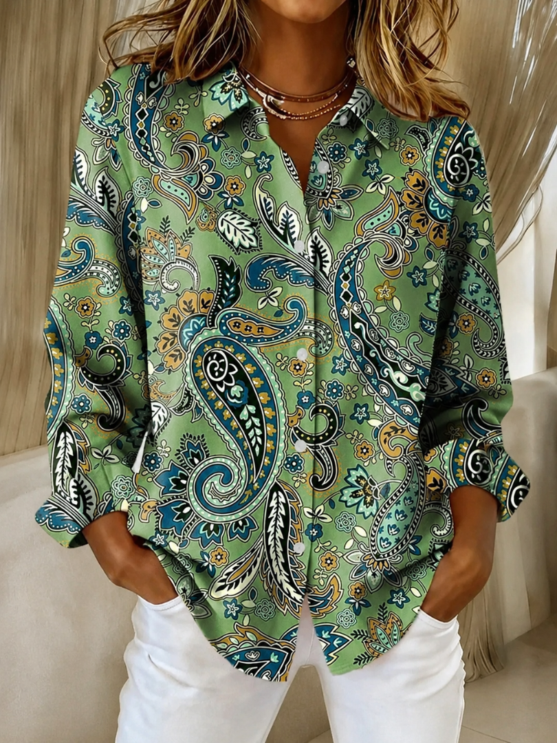 Katarina paisley print button-up blouse in green, front view