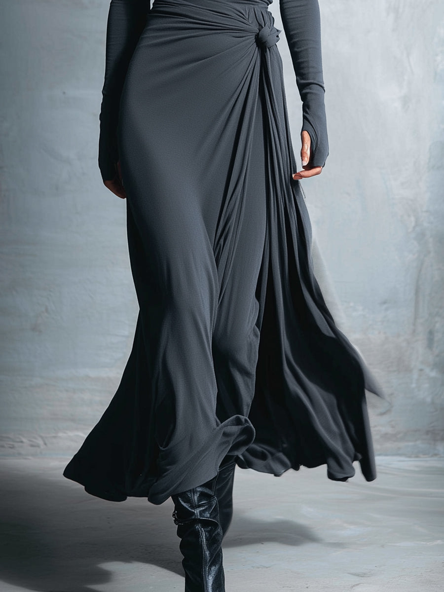 Posy side-knot maxi dress in grey, close-up of knotted waist and flowing skirt