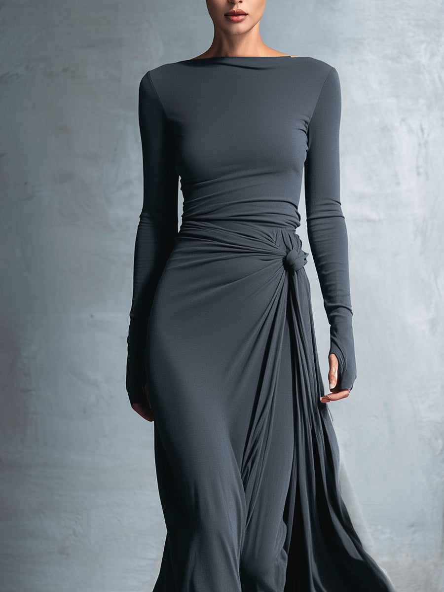 Posy side-knot maxi dress in grey, close-up of boat neckline and side knot