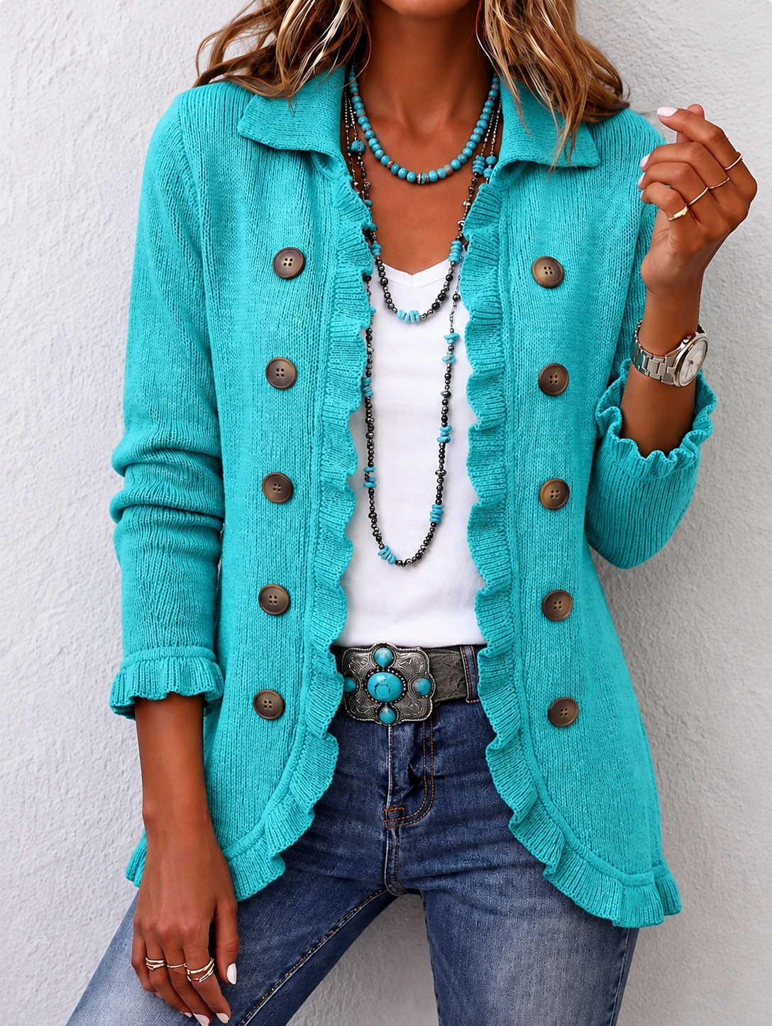 MARIBEL | TURQUOISE KNIT RUFFLE JACKET