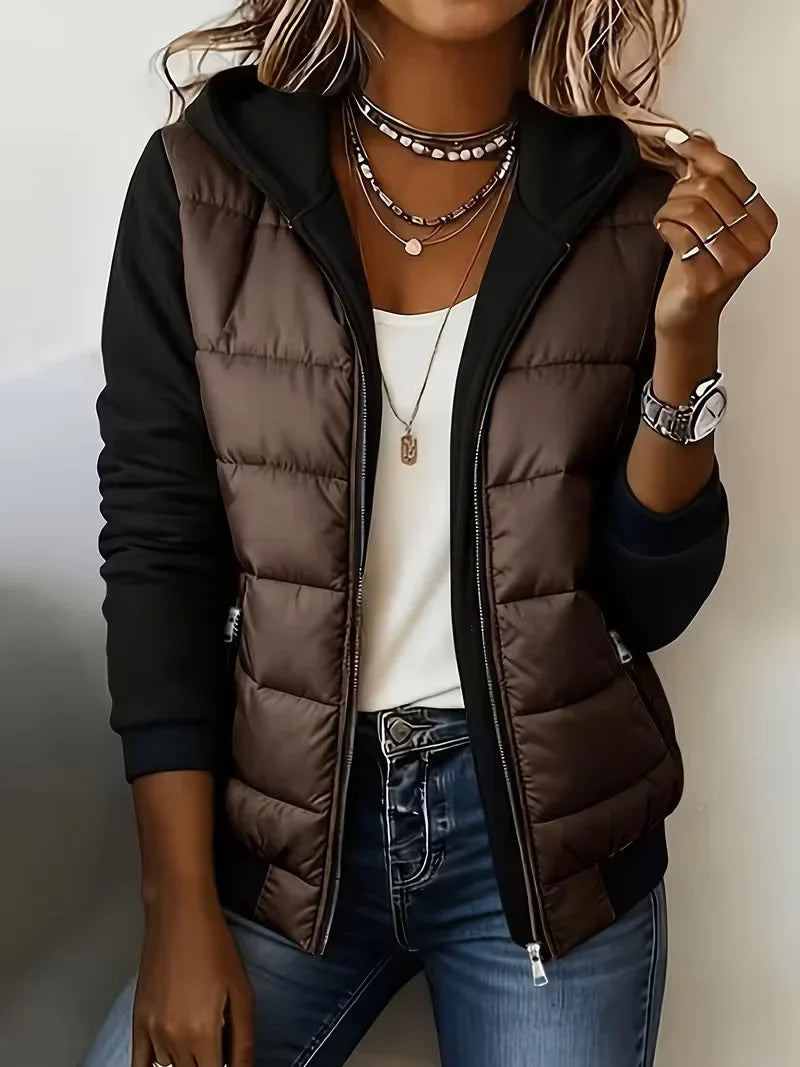 Perpetua hooded padded layered jacket in Brown