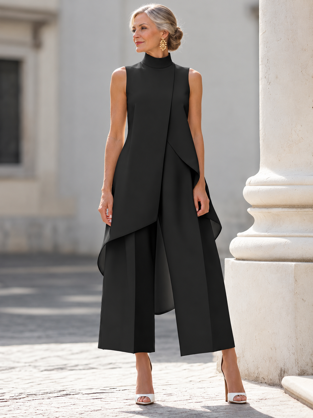 Catalina elegant wide-leg two-piece set on mature British woman, view 3
