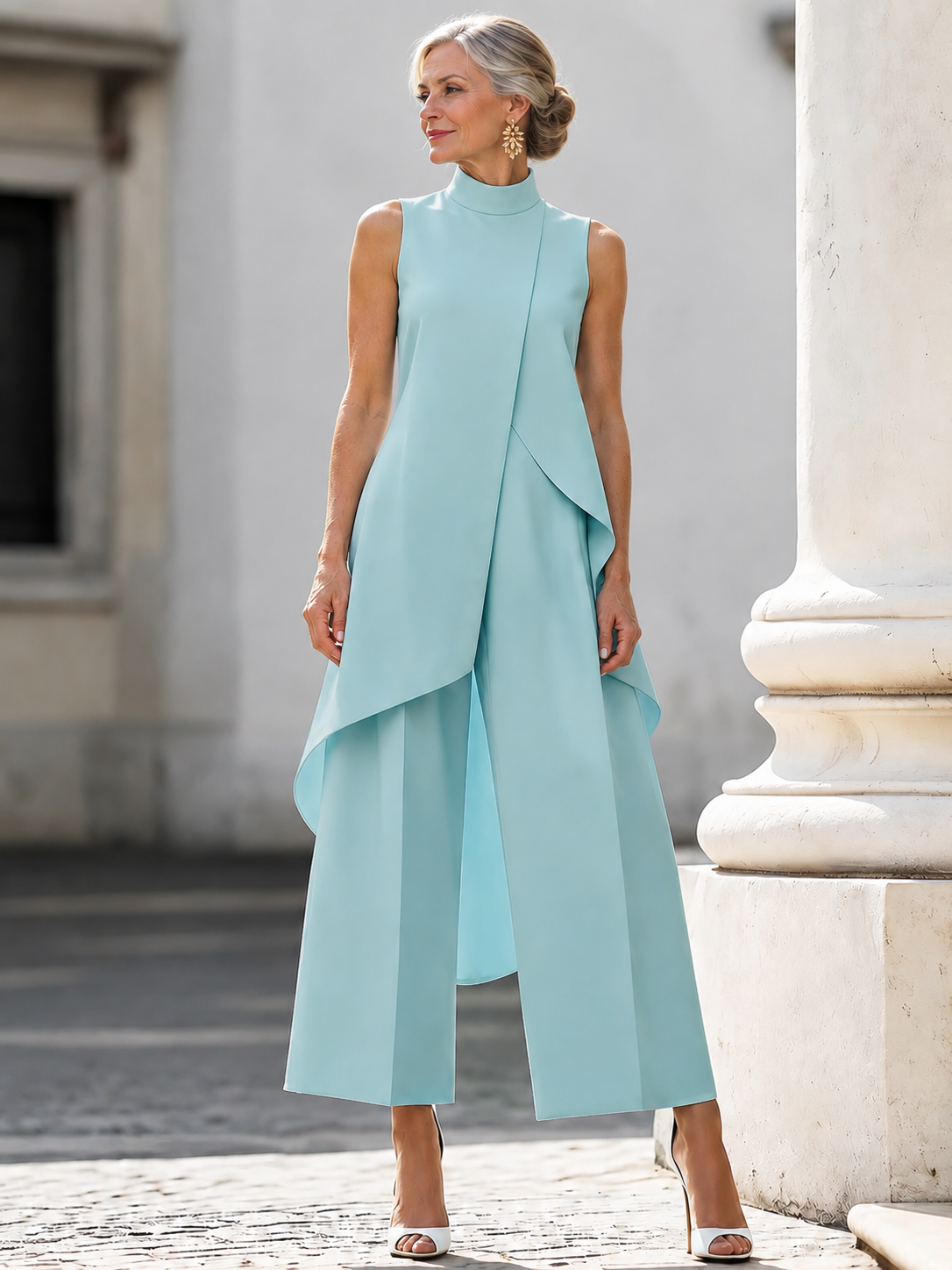 Catalina elegant wide-leg two-piece set on mature British woman, view 8