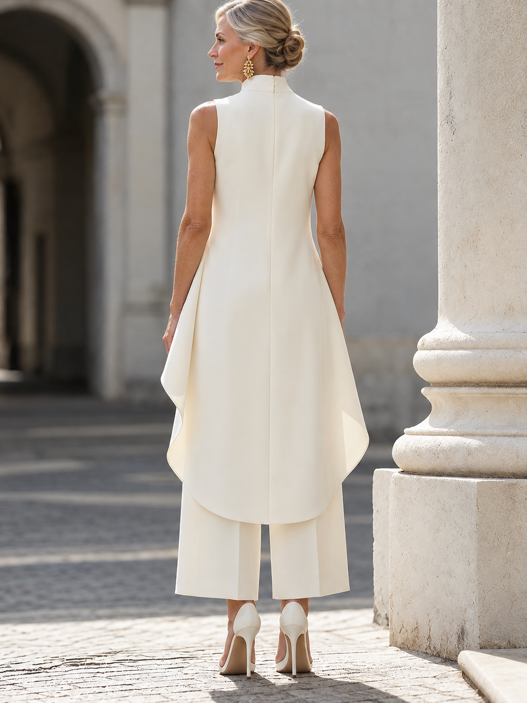 Catalina elegant wide-leg two-piece set on mature British woman, view 13