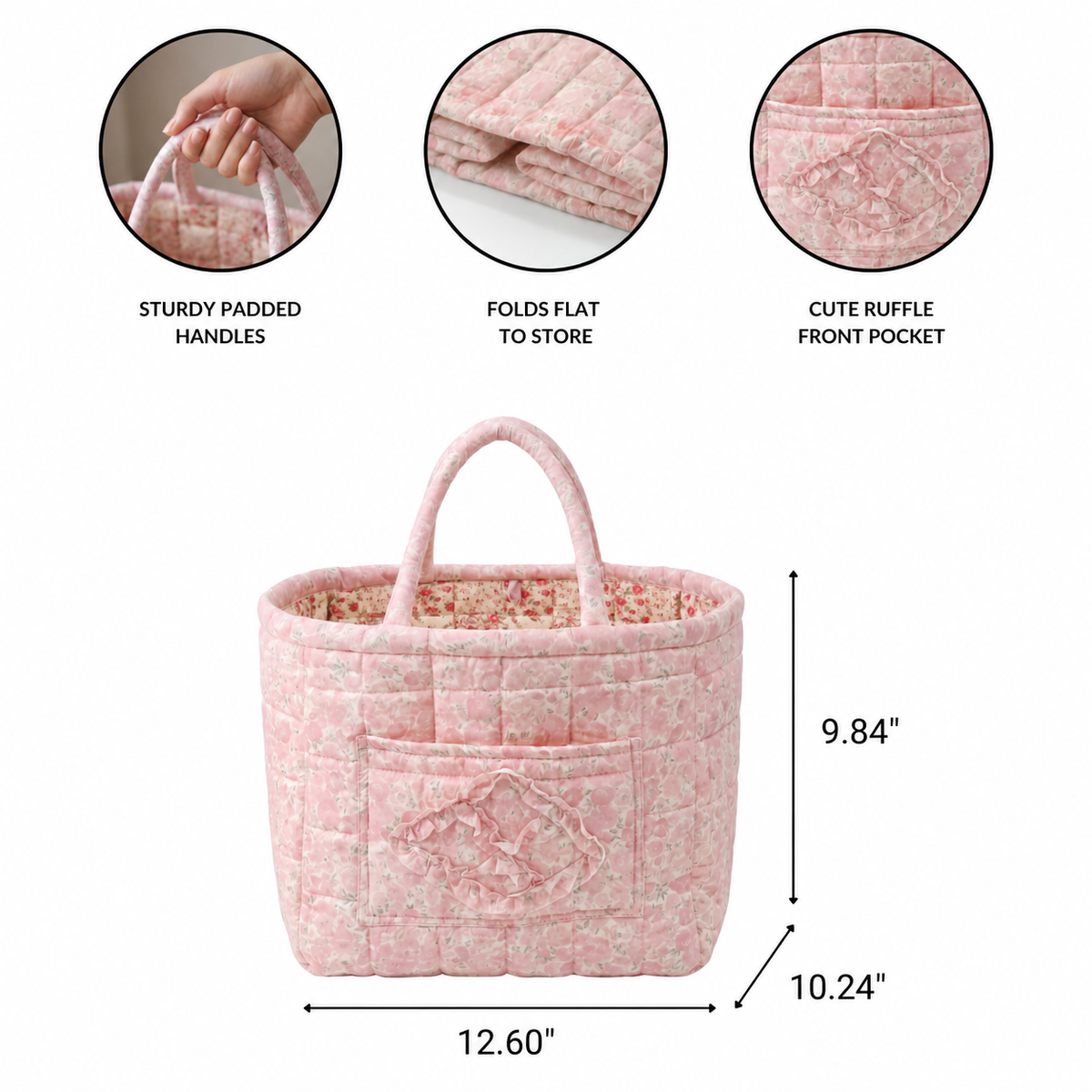 Hettie quilted everything basket in Spooky Bloom, size guide