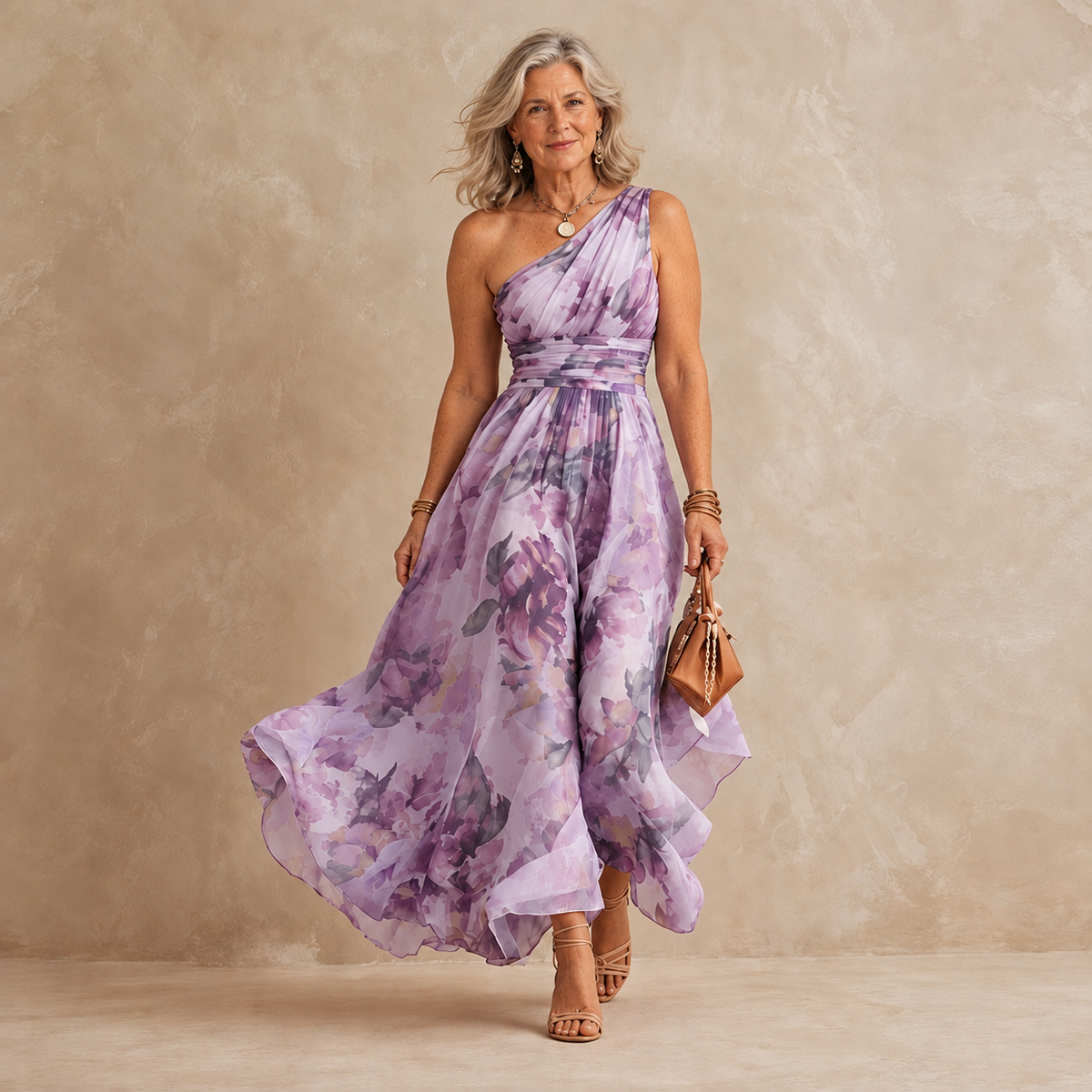 Celeste floral maxi dress on a mature model, lavender front