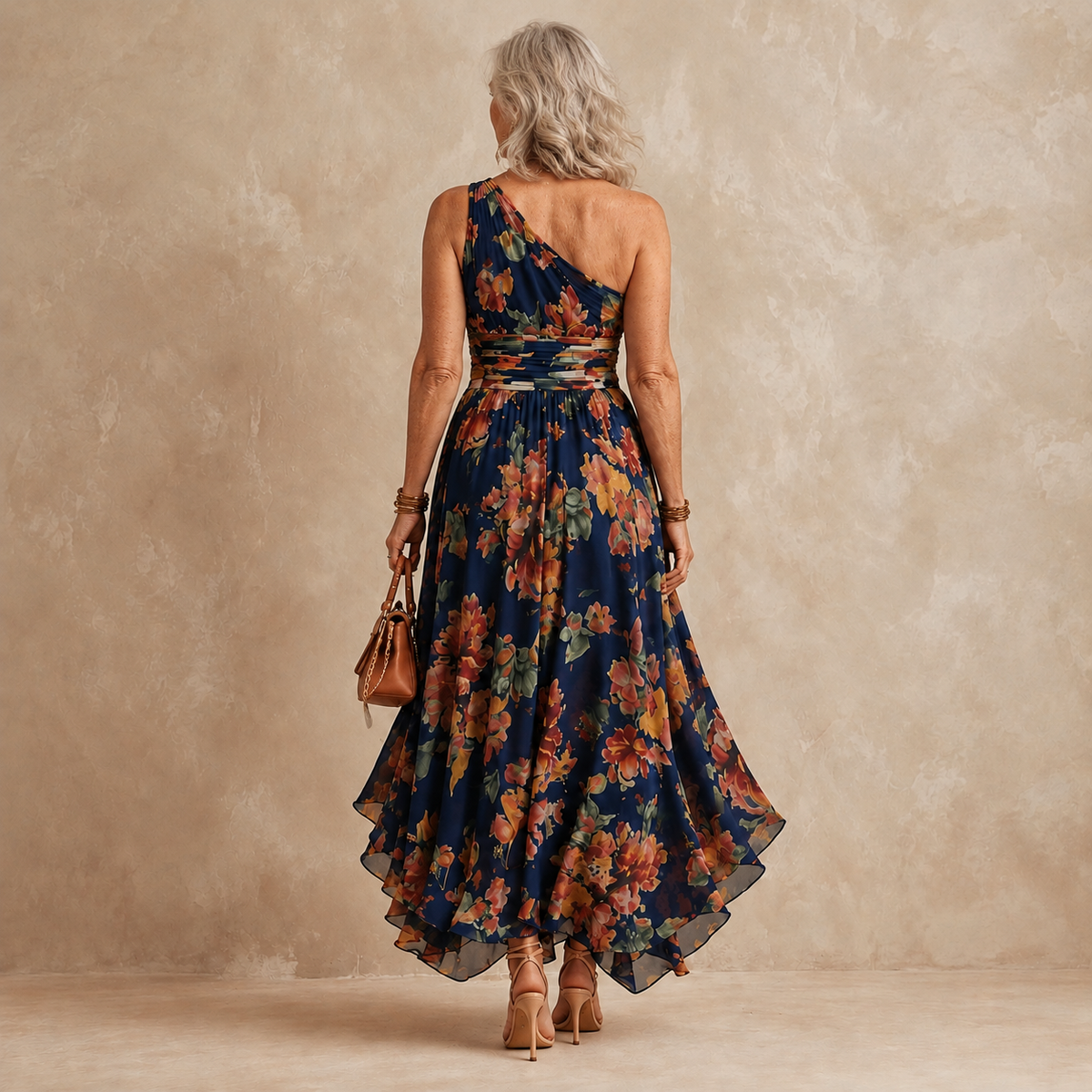 Celeste floral maxi dress on a mature model, navy back