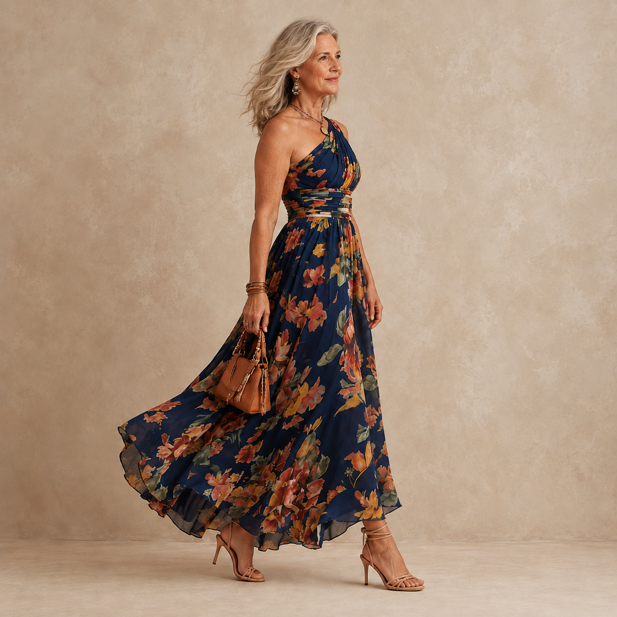 Celeste floral maxi dress on a mature model, navy side