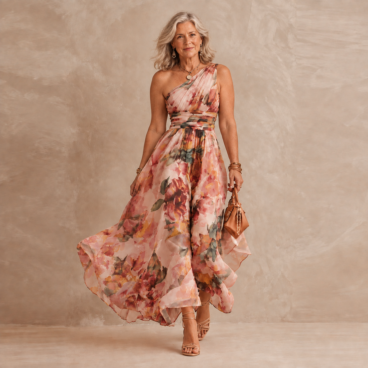 Celeste floral maxi dress on a mature model, pink front