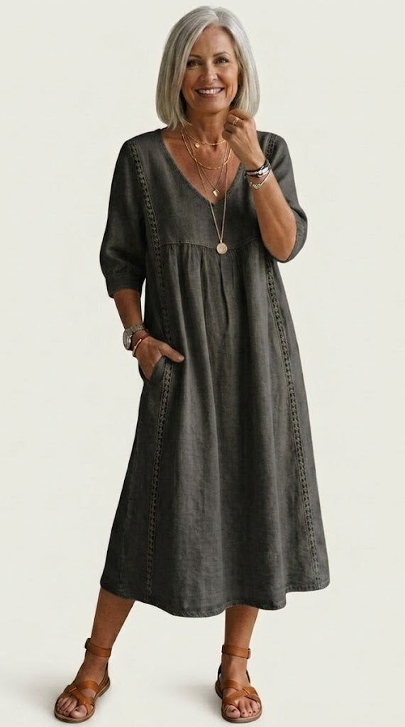 Juliette lace-trim A-line midi dress in black, full-length front view