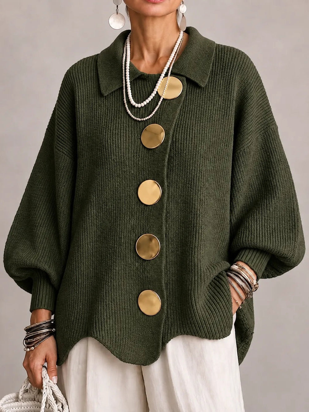 Elspeth oversized ribbed cardigan in olive green, front view with gold buttons and scalloped hem