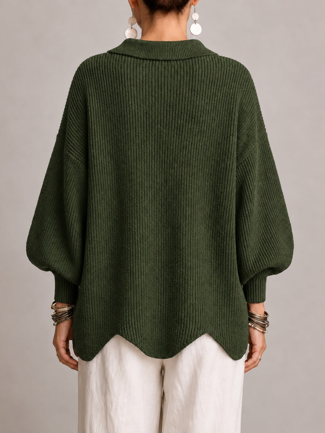 Elspeth oversized ribbed cardigan in olive green, back view with balloon sleeves